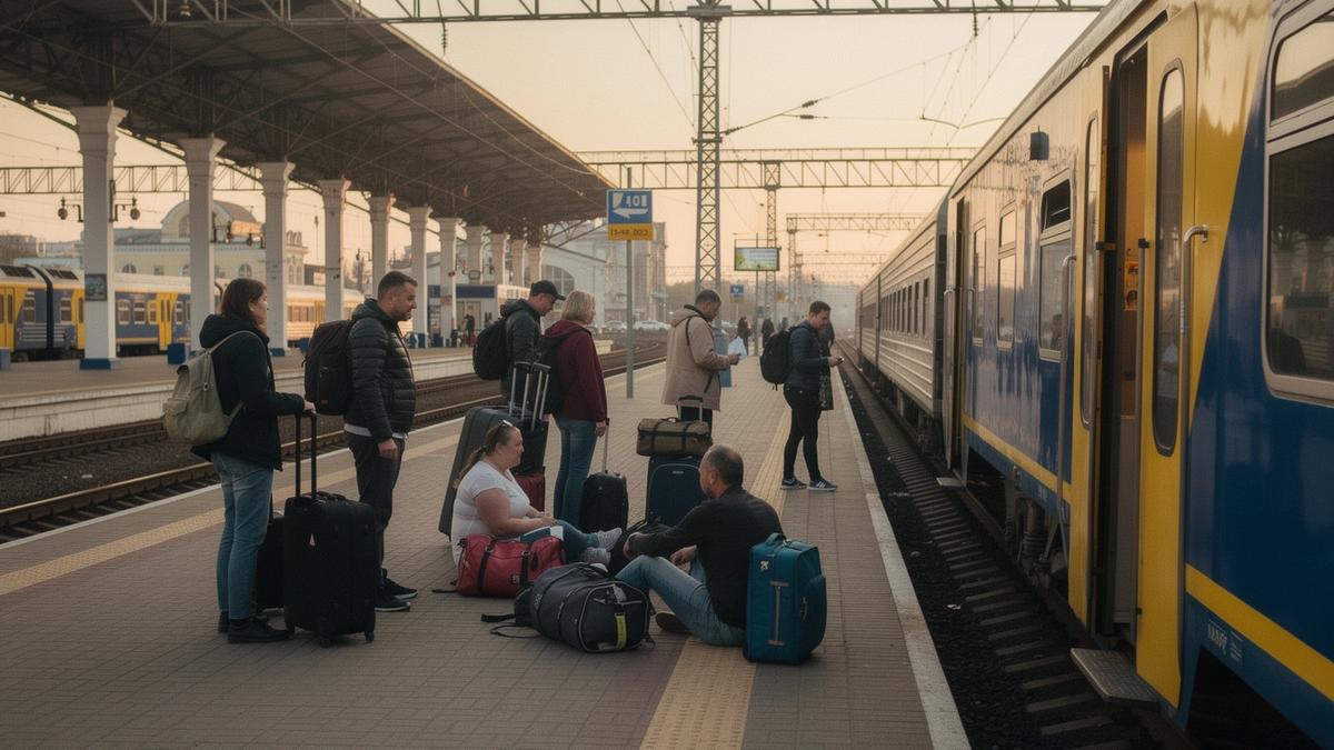 Travellers with weekend bags on the platform at Kyiv-Pasazhyrskyi station before an evening train west